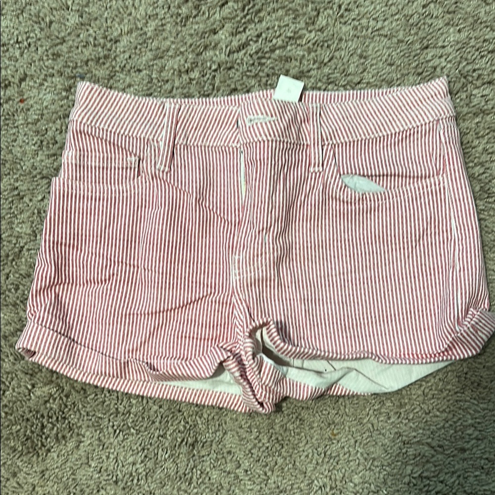 H&M Red and White Jean Shorts with Cuffed Hem